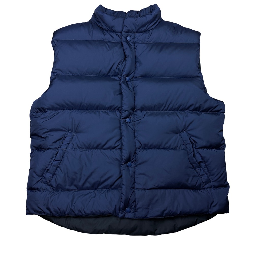 Cabelas Mens Navy Blue Goose Down Puffer Vest Quilted Outdoor Layering Large Reg